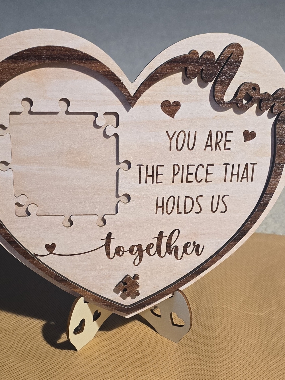 Heart Puzzle Piece Wood Wall Art - Natural Wood Mom Gift